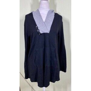 Miusey Womens Sz L Black Gray Hooded Kangaroo Pocket Pullover Sweatshirt Top